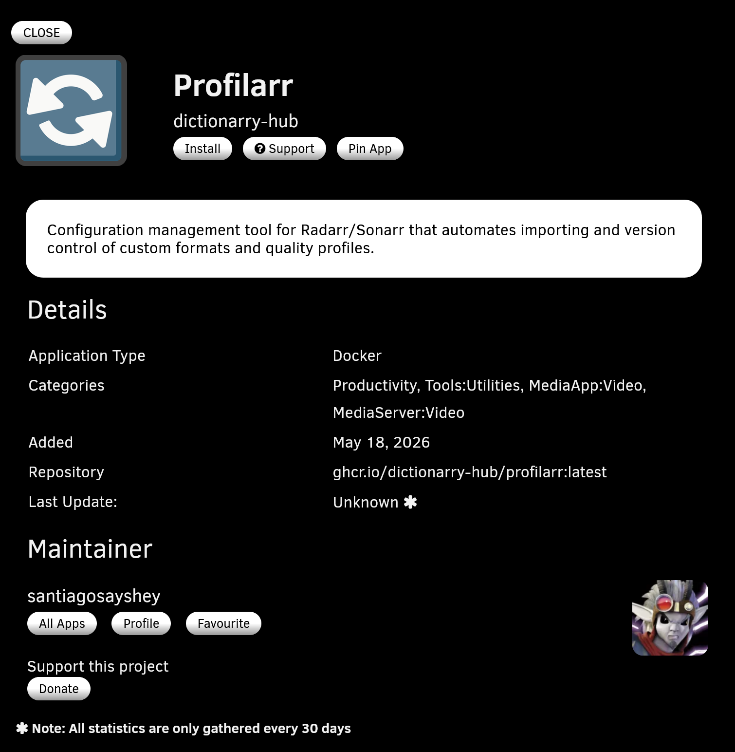 The Profilarr template in Community Applications, with the ghcr.io/dictionarry-hub/profilarr:latest repository
